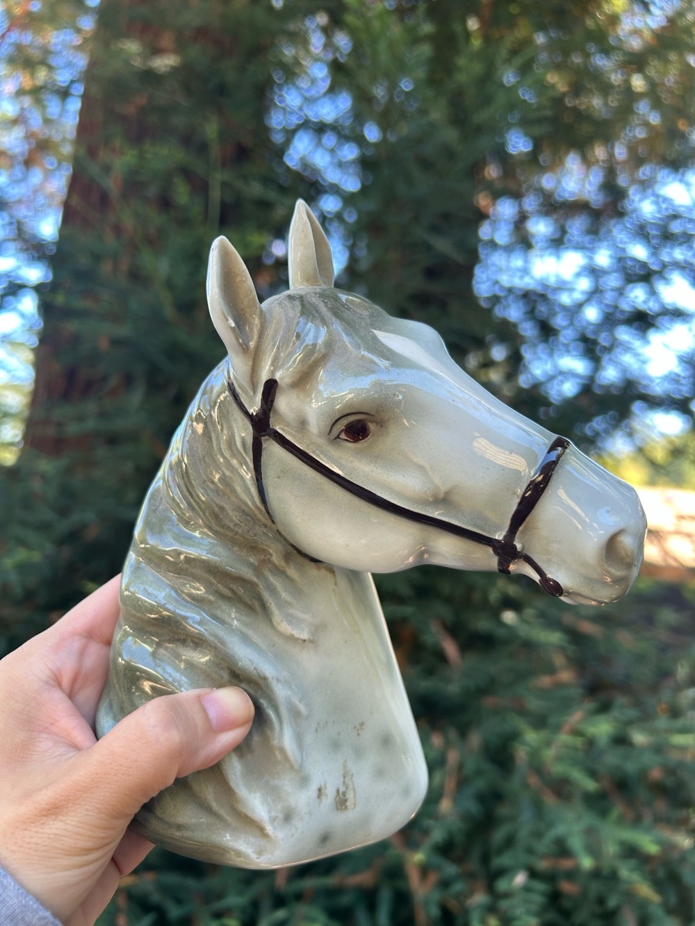 vintage glazed ceramic horse head figurine wall art decor gray and white